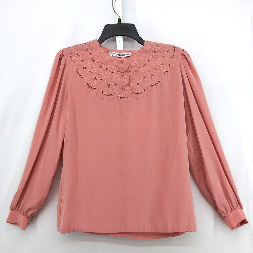 Gailord Shirt Womens Size 10 Classic Pink Henley Embroidered Neckline Blouse Top